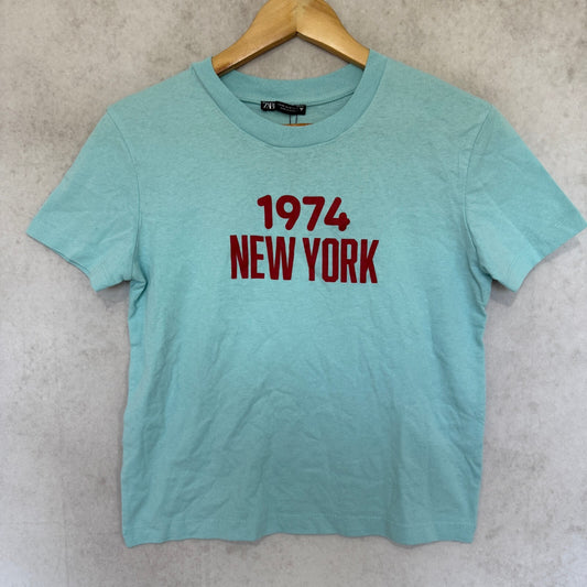 Zara Blue T-Shirt Graphic Short Sleeve Women's Size Medium