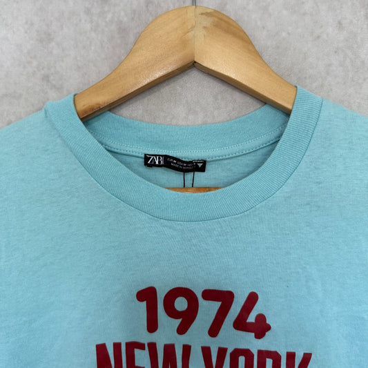 Zara Blue T-Shirt Graphic Short Sleeve Women's Size Medium